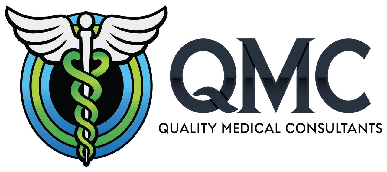 A logo for quality medical consultants with a caduceus and wings.