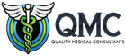A logo for quality medical consultants with a caduceus and wings.